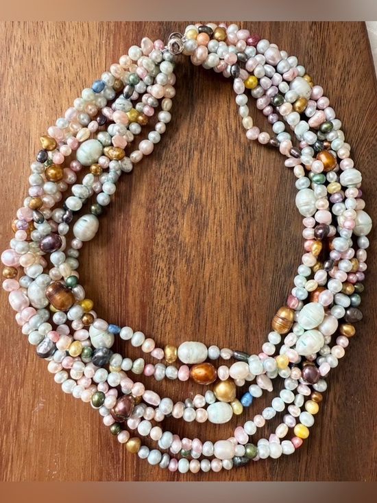Jewelry - Sterling Silver 925 7-Strand Multi-Color Pearl Genuine Necklace Collar Choker